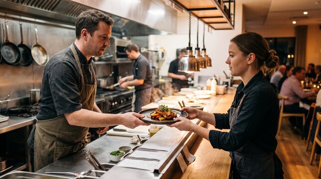 Professional chef handing a prepared dish to restaurant service staff in a modern open kitchen.