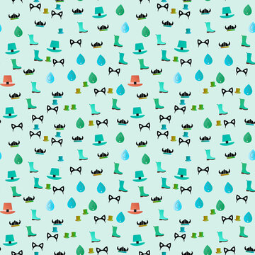 Seamless pattern of cartoon icons: hats, boots, viking helmets, water