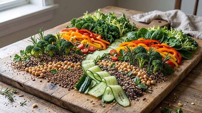 Colorful fresh vegetables, herbs, grains and fruit arranged into a playful edible landscape.