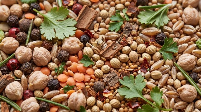 Natural culinary ingredients filling the entire frame with detailed herbs, spices, legumes and grains.