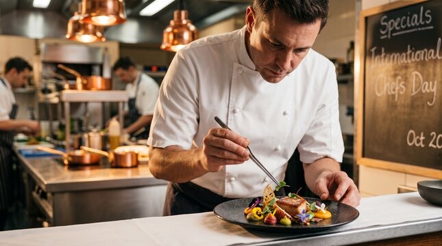 Chef carefully finishing a gourmet dish with fresh herbs in a professional restaurant kitchen.