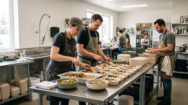 Kitchen team preparing balanced meals for a community food-sharing and support initiative.