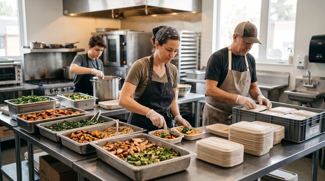 Kitchen team preparing balanced meals for a community food-sharing and support initiative.