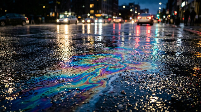 Iridescent oil slick on wet asphalt street with blurred car lights bokeh