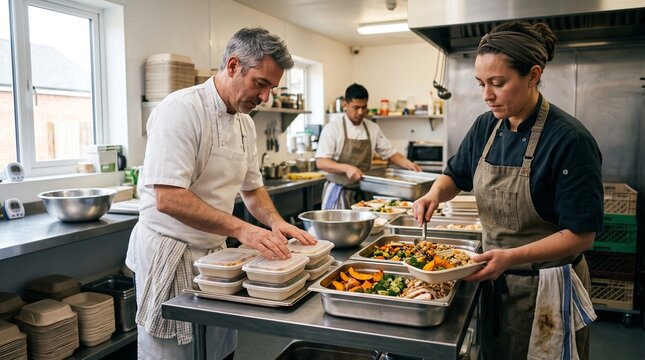 Kitchen team preparing balanced meals for a community food-sharing and support initiative.