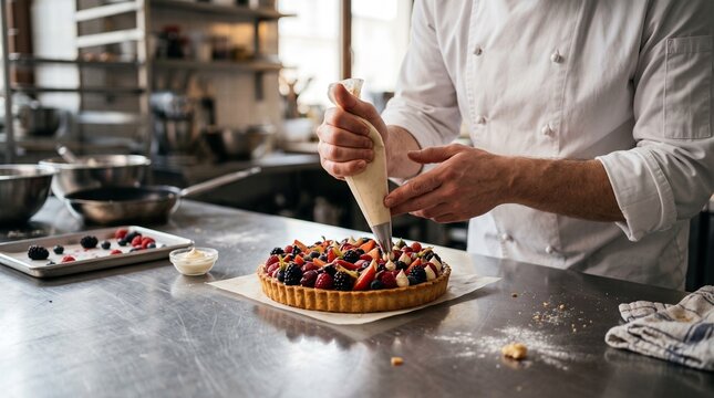 Pastry chef adding cream and fresh seasonal fruit to an artisan tart in a professional kitchen.