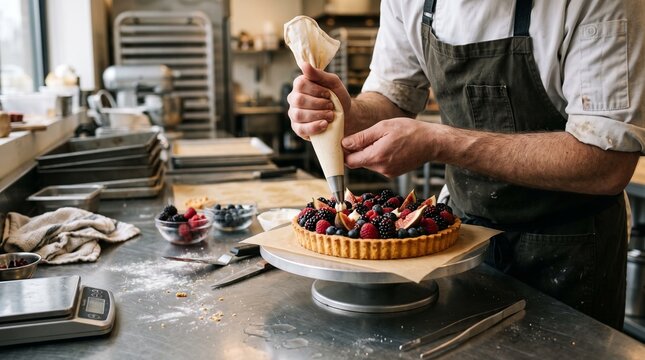Pastry chef adding cream and fresh seasonal fruit to an artisan tart in a professional kitchen.
