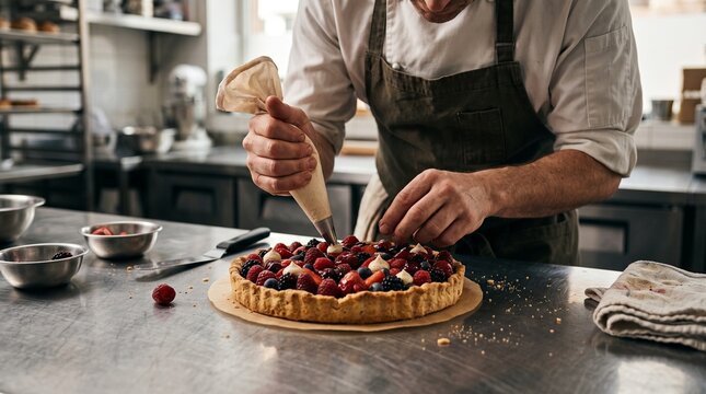 Pastry chef adding cream and fresh seasonal fruit to an artisan tart in a professional kitchen.