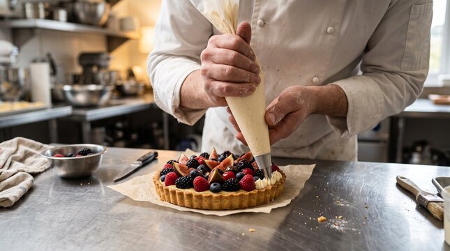 Pastry chef adding cream and fresh seasonal fruit to an artisan tart in a professional kitchen.