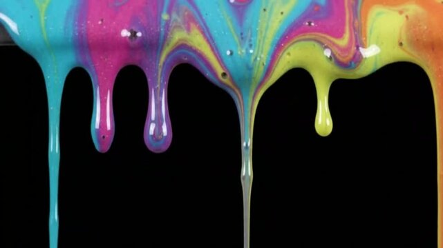Multicolored vibrant paint streams dripping down against a black background
