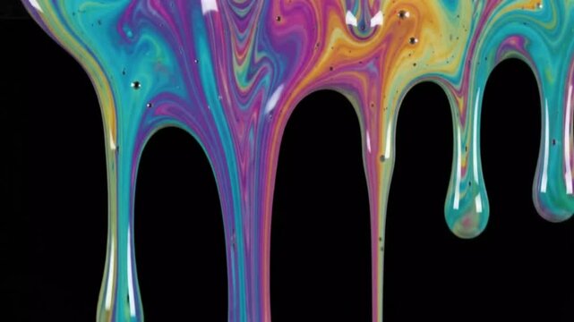 Multicolored vibrant paint streams dripping down against a black background