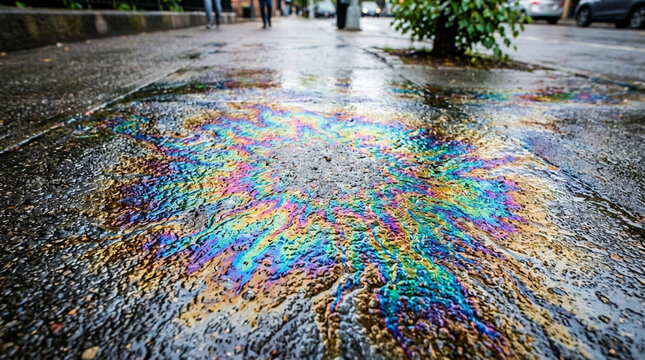 Iridescent Oil Slick on Wet Pavement, Urban Street Scene