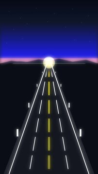 Pixel art highway loop driving animation towards sun sunset retro highway