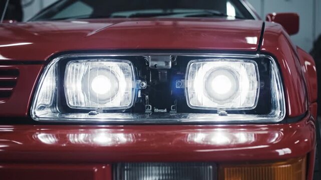 Gleaming red vintage sports car revealing its pop up headlights in a workshop. The powerful xenon lamps turn on and off, highlighting the vehicle's unique and iconic design mechanism