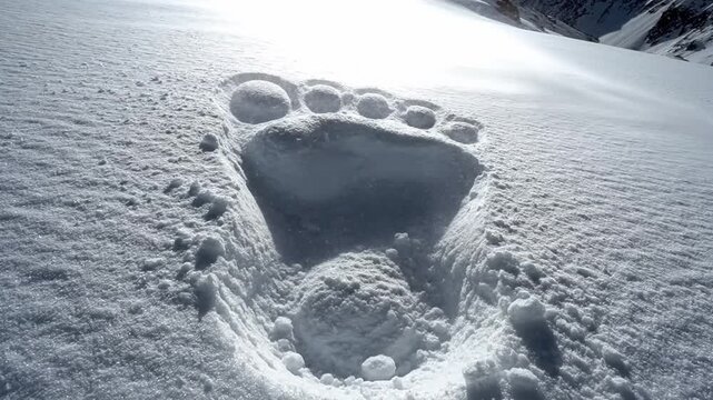 Giant mysterious footprint of a legendary creature, possibly a yeti or bigfoot, deeply embedded in the pristine snow as gusty winds blow glittering ice crystals across the landscape