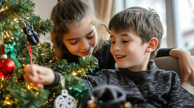 Children decorating Christmas tree with shiny ornaments and glowing fairy lights in cozy living room interior during winter holidays
