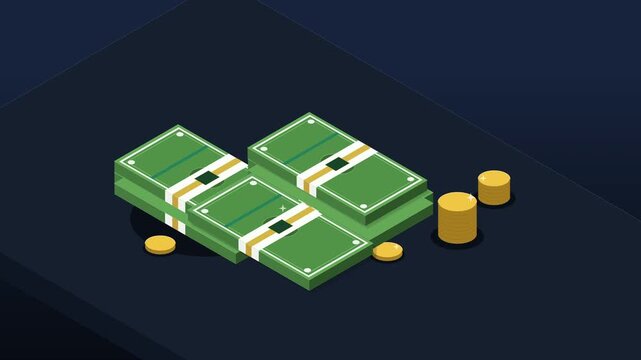 Pixel art money stacks and golden coins in isometric perspective