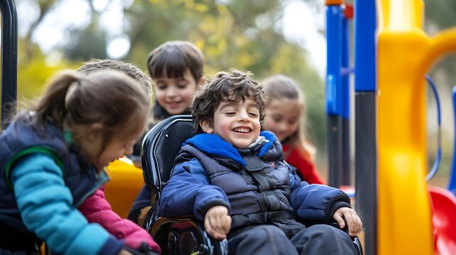 Disabled child smiling happily in a specialized wheelchair while playing with diverse friends outdoors at public playground equipment