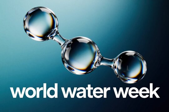 Macro view of clear water droplets forming H2O molecule shape. Liquid drops create chemical structure on blue background. Concept for World Water Week, science, ecology, hydration. Abstract blue