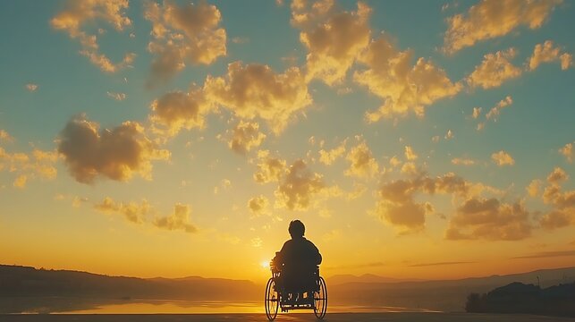 Disabled person sitting in a wheelchair looking at beautiful dramatic sunset over calm water landscape during evening hours
