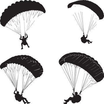 Paragliding silhouettes vector set, extreme sports and parachuting vector illustrations