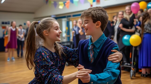 Children dancing together joyfully at school party celebration hall decorated with colorful balloons and festive paper banners