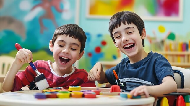 Two happy young boys laughing joyfully while painting together with colorful brushes inside a bright art classroom