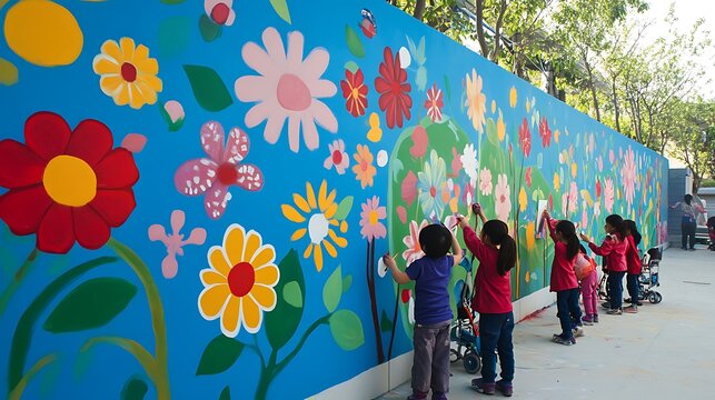 Children painting colorful floral mural on bright blue outdoor wall with cheerful artistic expression during sunny daytime activity