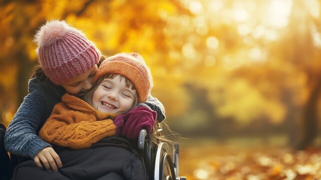Disabled child smiling in wheelchair hugging friend outdoors during sunny autumn day with golden foliage background