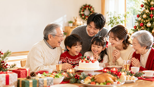 クリスマスケーキを囲んで笑顔で団らんする三世代家族の温かなホームパーティー