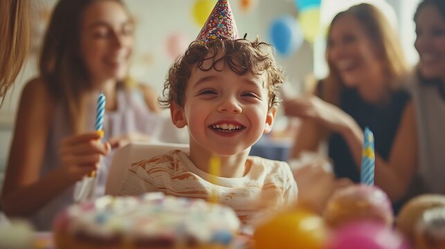 Happy little boy celebrating birthday party wearing colorful cone hat surrounded by joyful smiling family members indoors