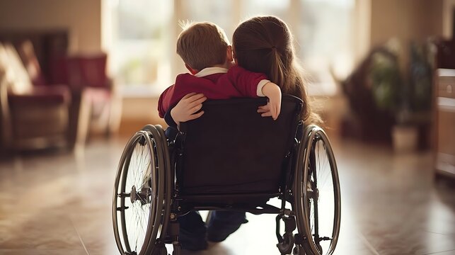 Disabled child sitting in modern wheelchair hugging loving sister inside bright cozy living room during afternoon daylight