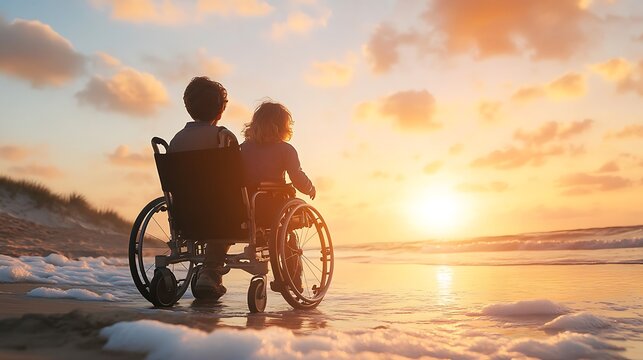 Wheelchair children watching colorful sunset together at scenic ocean beach during warm summer evening lifestyle photography