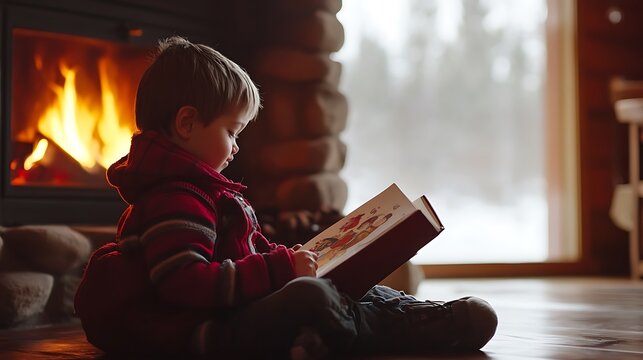 Little boy reading a colourful storybook sitting comfortably on wooden floor near warm cozy fireplace inside living room