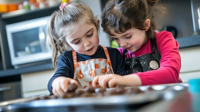 Two little girls baking cookies in the kitchen wearing colorful aprons during a fun family cooking activity indoors