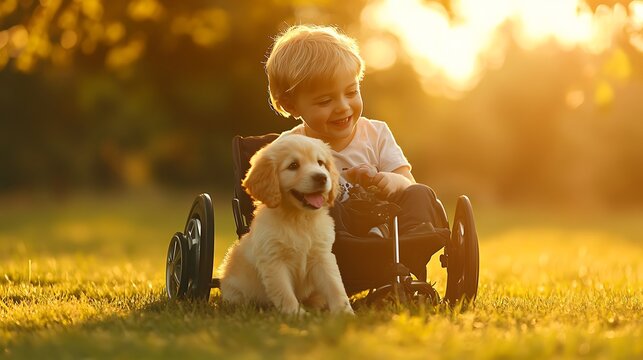 Disabled child sitting in modern wheelchair happily playing with adorable golden retriever puppy outdoor during sunset