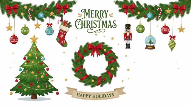 Festive Christmas wreath and tree illustration with hanging holiday garland and copy space on seamless 2D motion graphic loop

