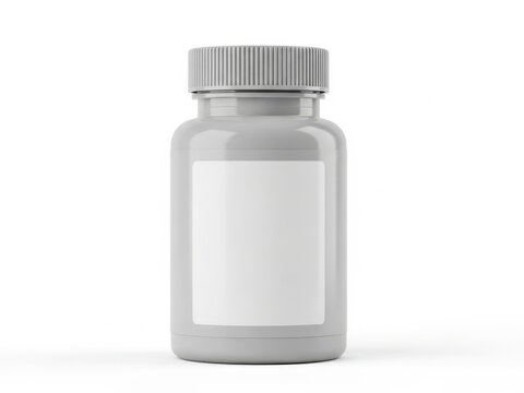 Small grey plastic medicine bottle with a blank label for branding