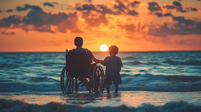 Father in wheelchair and young son standing together on a sandy ocean beach watching sunset during summer vacation