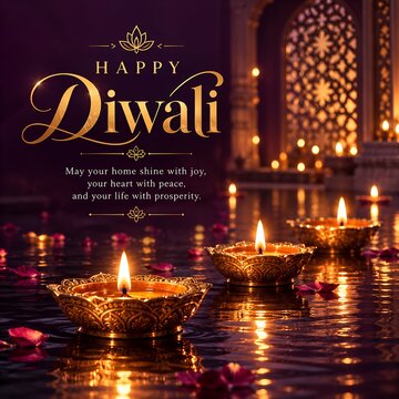 Elegant Happy Diwali Greeting Card with Golden Diyas on Reflective Water and Purple Background