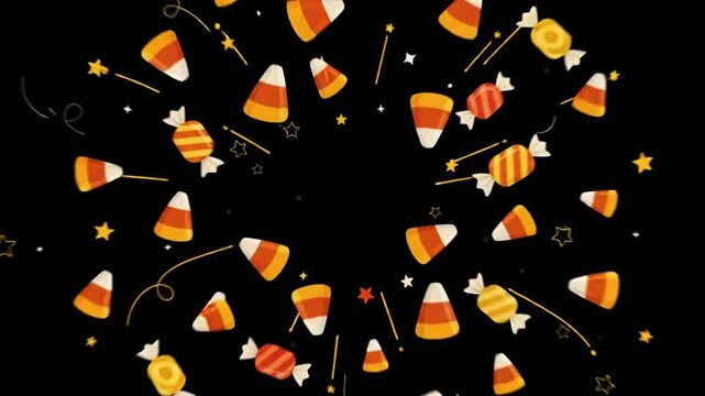 Animated halloween background featuring glowing pumpkins bats ghosts and falling candy corn icons on black with festive halloween animation