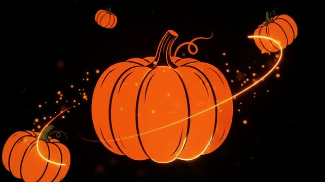 Animated orange pumpkins with swirling glowing lines and dark leaves on a black background with video animated illustration agriculture
