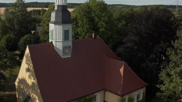 Top Down Aerial View of Herrnhut Church Spire Historic Moravian Architecture