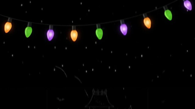 Cartoon bat and ghost flying with colorful hanging string lights against a dark night background for halloween holiday celebration with bulb