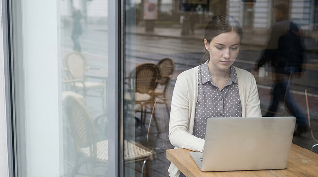 Woman at table working on laptop by large window natural daylight