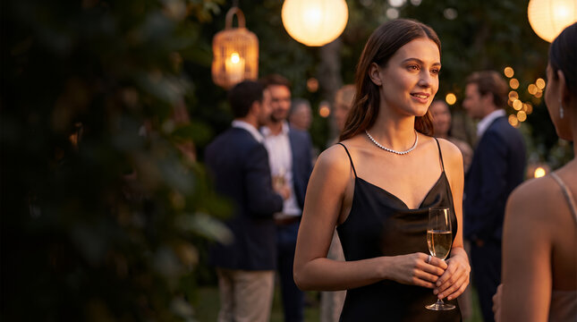Woman holding champagne glass at outdoor evening garden party event