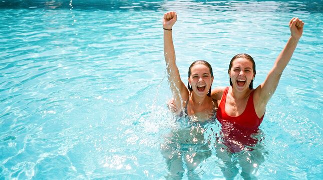 Two happy women swimming in pool with arms raised celebrating together