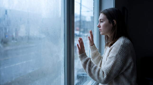 Young woman looking out rainy window with hands pressed on wet glass