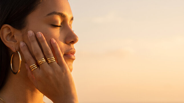 Woman touching face with golden rings jewelry closeup portrait