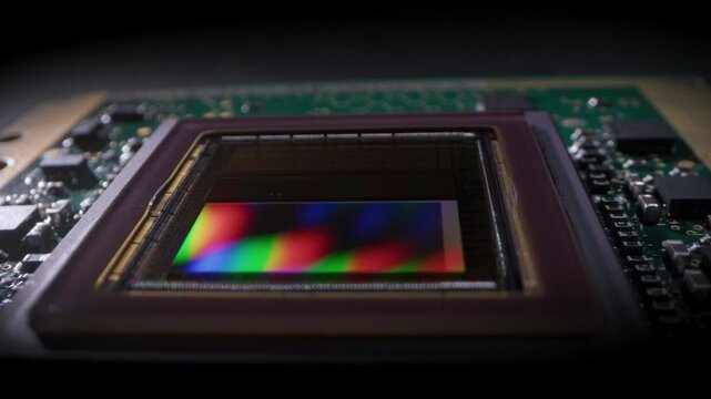 A macro camera glides across a rectangular electronic image sensor reflecting shifting rainbow colors on a circuit board.